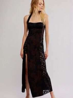 Free People Black Lace Maxi Dress with Brown Floral Underlay